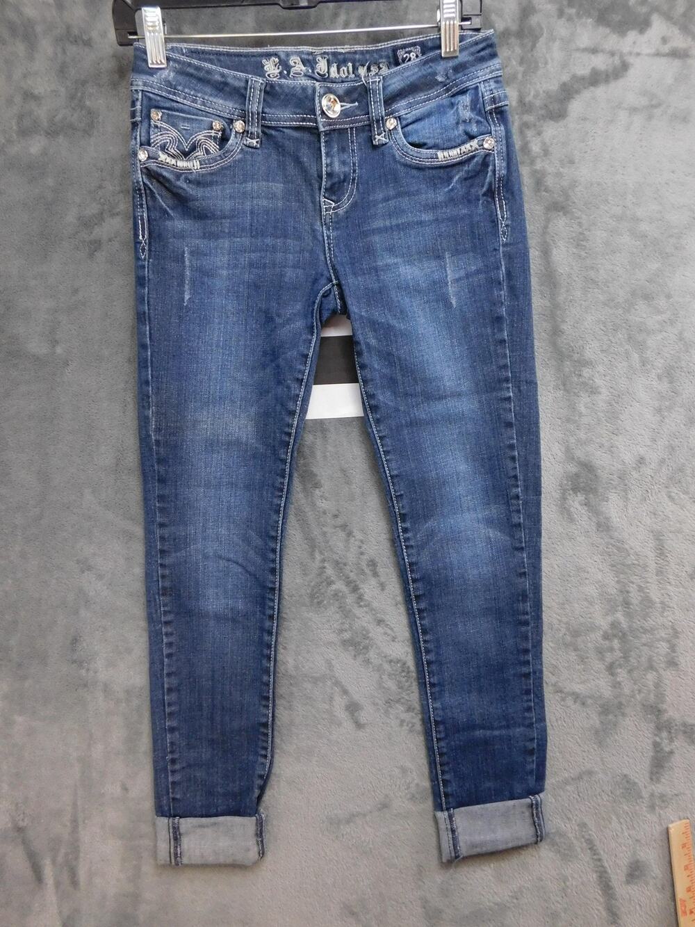 L.A. Idol Jeans Juniors 3 Blue Skinny Extra-Slim Rhinestone Cuffed 31.5 Inseam